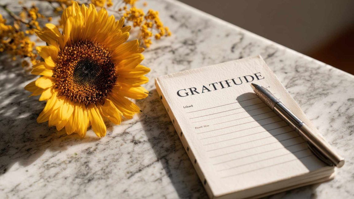 Sunflower with gratitude journal and pen on countertop. Consider working with a Christian counselor in Beaverton, OR for faith-based therapy online in Oregon.